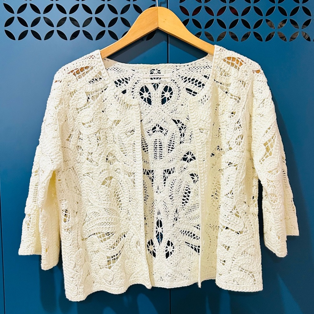 Anthropologie Ivory Crochet Open Front Cardigan Romantic Cottagecore Size S - Picture 2 of 7